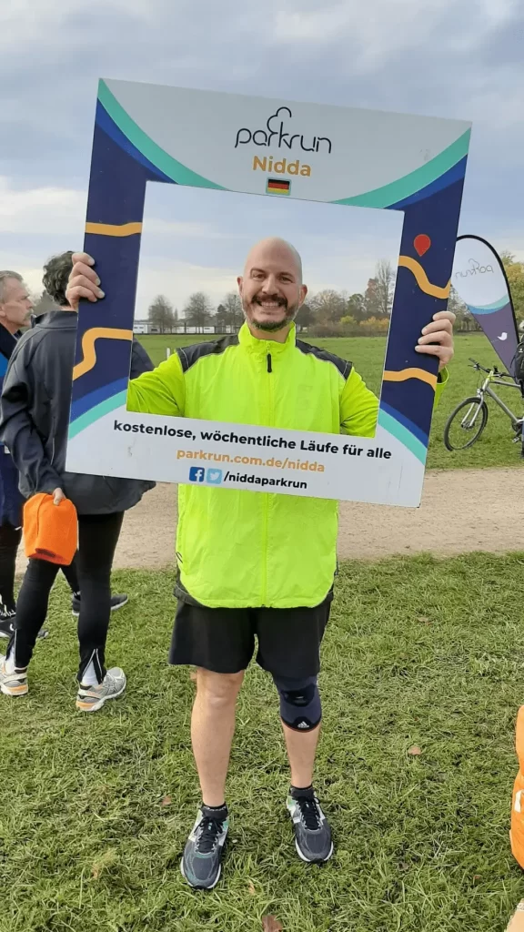 Nidda Parkrun, Frankfurt, Germany 4 Me posing with the Nidda parkrun picture frame